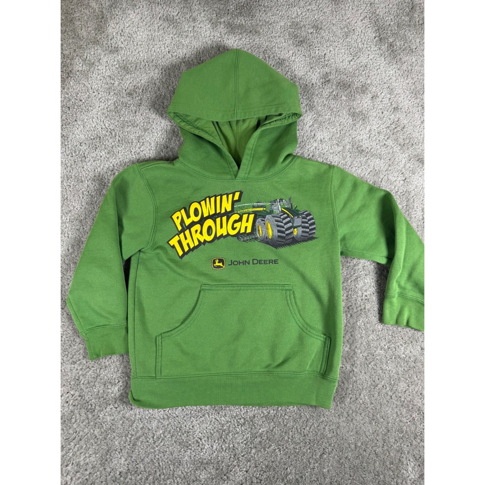 John Deere Boys Green Plowin Through Tractor Graphic Pullover Hoodie Size M 5/6